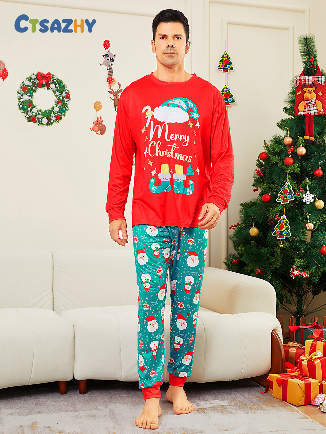 Kerstmis Santa Crutch Letter Kerstmis Familie pak bedrukte homewear pyjama_voghion.com