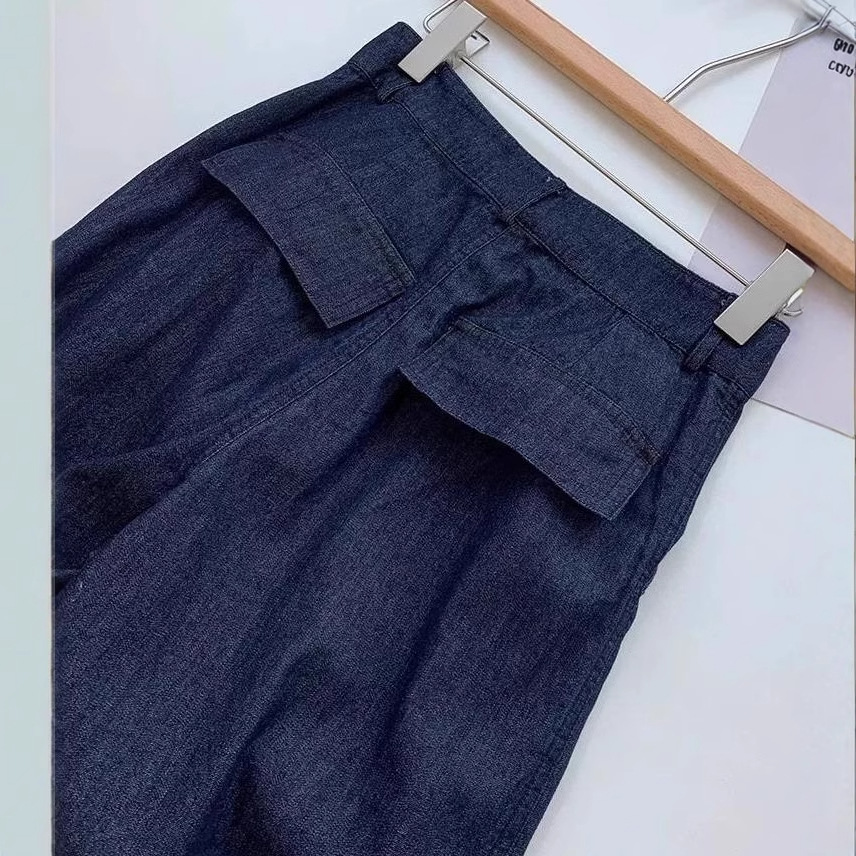 Quần ống rộng vải lanh cotton Yamamoto cạp cao mẫu mới mùa hè 2025 — Màu xanh đậm