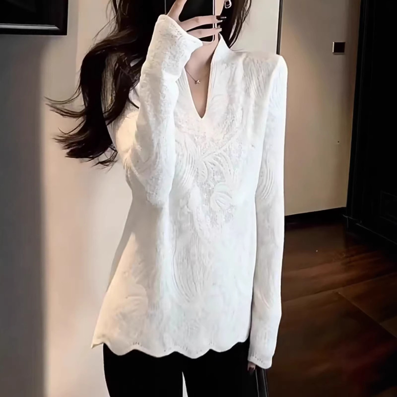 2026 Spring New Style Women's Casual Versatile Fashion Pleated Lace Jacquard V-Neck Long-Sleeved Knitwear Top for Women 2026 Spring New Style Women's Casual Versatile Fashion Pleated Lace Jacquard V-Neck Long-Sleeved Knitwear Top for Women