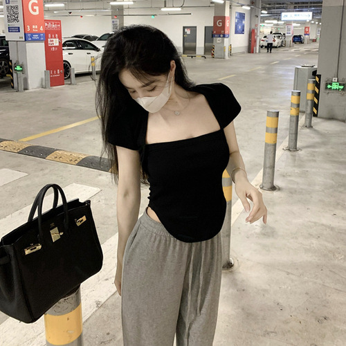 Lady's Short Sleeve New Summer Fitted Irregular Cute Square Collar Top Trendy Ins Teenage Fashion Short T-Shirt