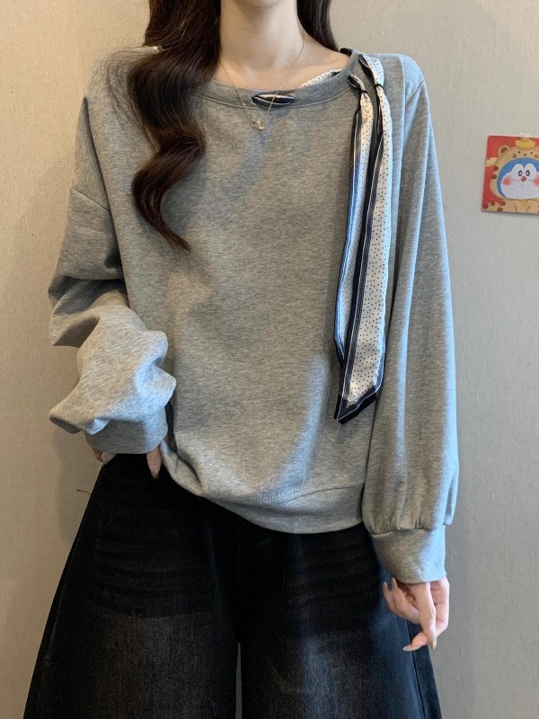 藏蓝色丝巾飘带长袖卫衣女秋季新款爆大码胖mm遮肚显瘦超好看上衣|undefined