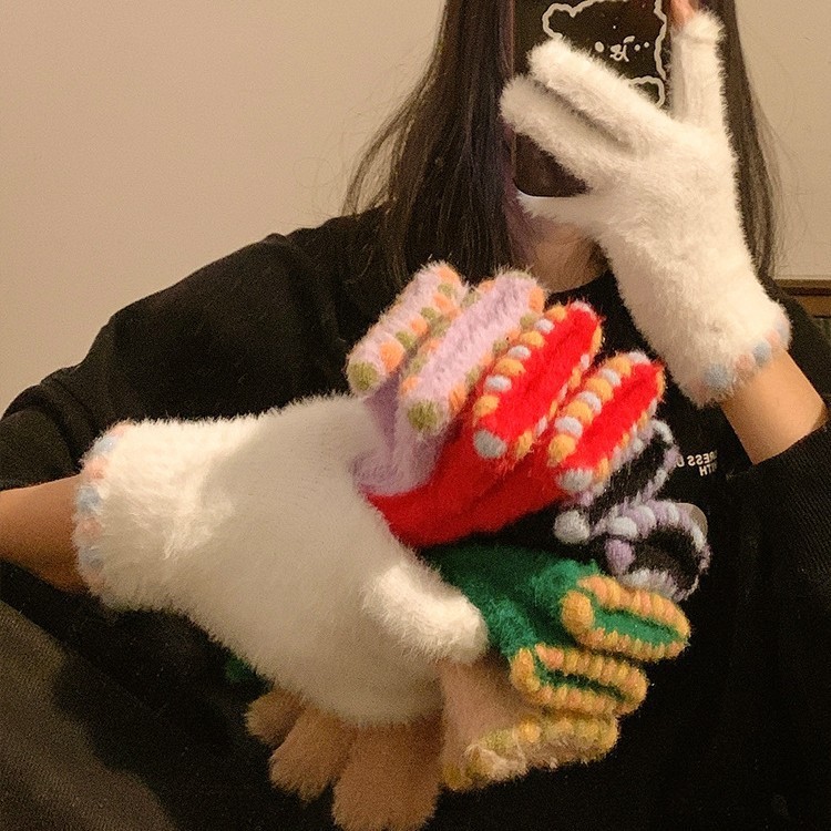 手套女士冬季保暖可爱糖豆露指触屏毛绒五指加绒加厚骑行骑车学生|undefined
