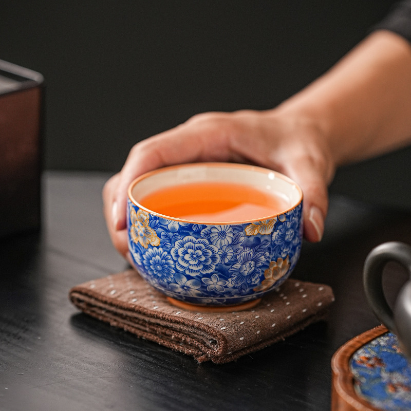 식물 재 열 천 꽃 쿵푸 티 컵 세라믹 마스터 컵 차 시음 컵 대형 가정용 레트로 싱글 티 보울 맨 컵