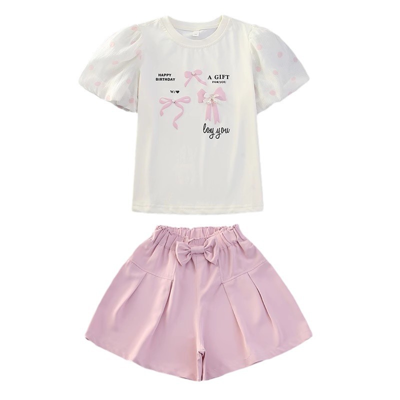 Sommerkleid 2024 Neuer Stil Modische Mädchenröcke und Kinderbekleidung Kurzarm-T-Shirt Shorts Zweiteiliges Set_voghion.com
