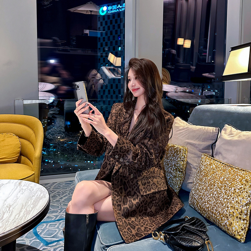 Suede Retro Leopard Print Suit Jacket for Women 2025 Spring & Fall New Korean Style Loose Casual Versatile Suit Top