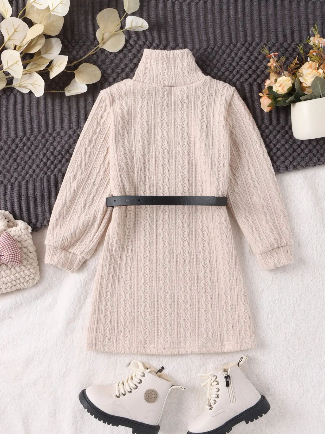 Girls Knitted Dress With Textured Details Long Sleeve Casual_voghion.com