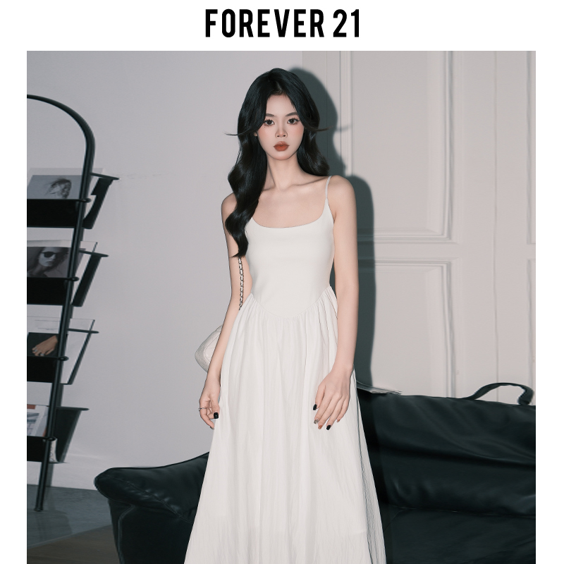 Forever 21 Gentle U-Neck Strap Dress for Women, Light Spring Waist-Cinching A-Line Long Dress, Korean Style First Love Little White Dress