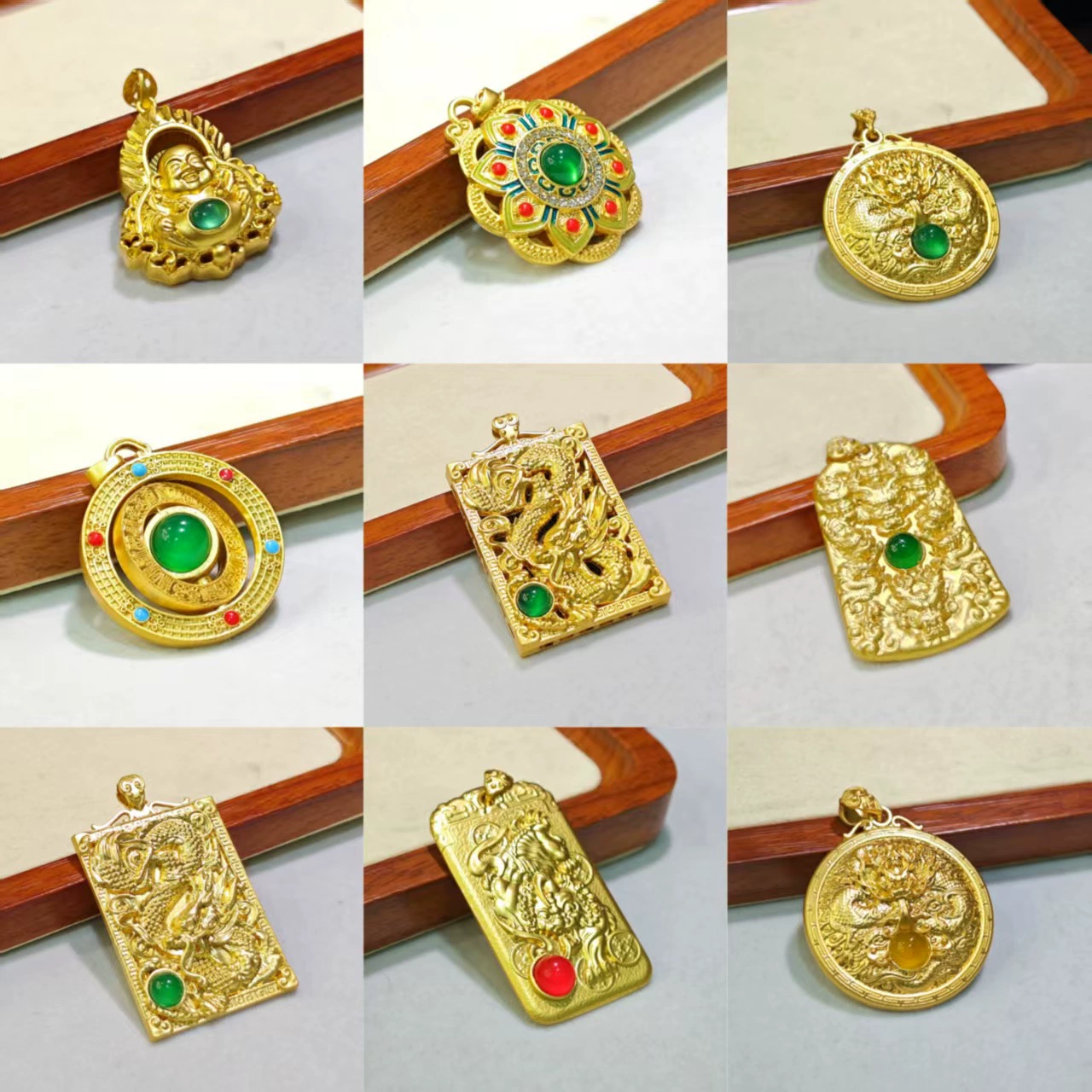 Оптовая продажа с фабрики, круглый кулон из натурального зеленого агата, цепочка для свитера, золотая инкрустация, бренд Будды, дракона, восемь сокровищ, кулон из халцедона с лотосом