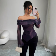 女士优雅一字肩温柔系上衣短款长袖不规则下摆网纱渐变收腰T恤