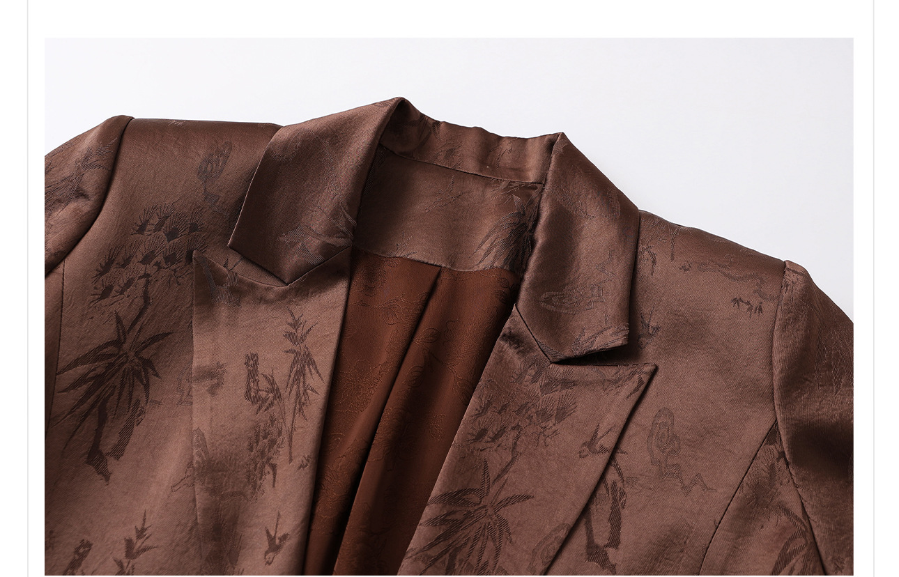 Áo khoác blazer nữ phong cách Trung Hoa cao cấp, chất liệu acetate in họa tiết dân tộc, buộc dây trước — đen, Màu cà phê chi tiết 3