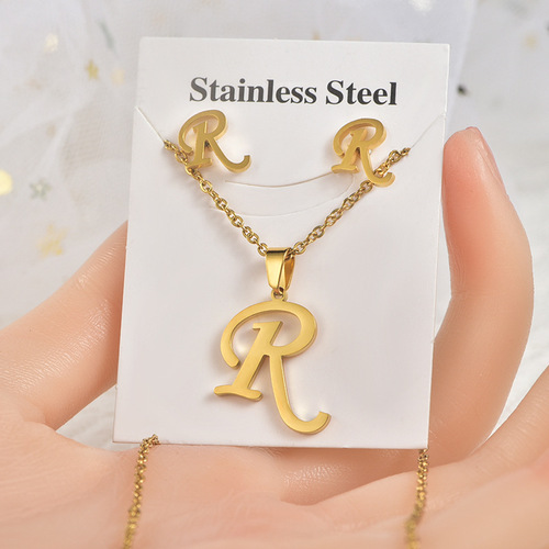Titanium steel jewelry set, stainless steel accessories, necklace, earrings, cross-border trade, English letters do not fade, earrings, pendant