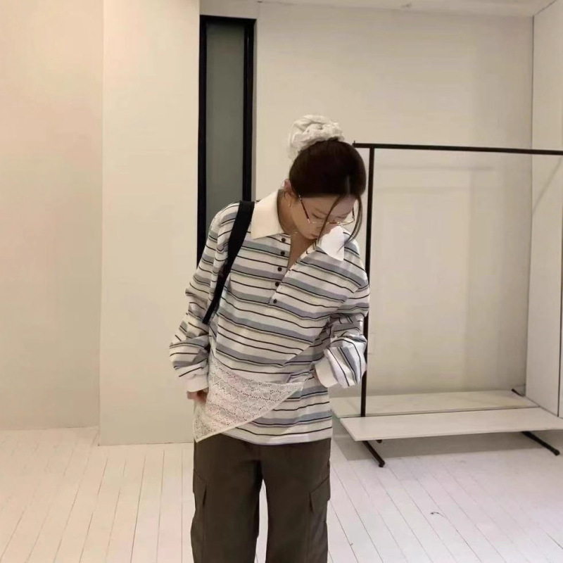 韩国小众 25秋季新款 复古拼色条纹polo领字母刺绣翻领长袖T恤女|undefined