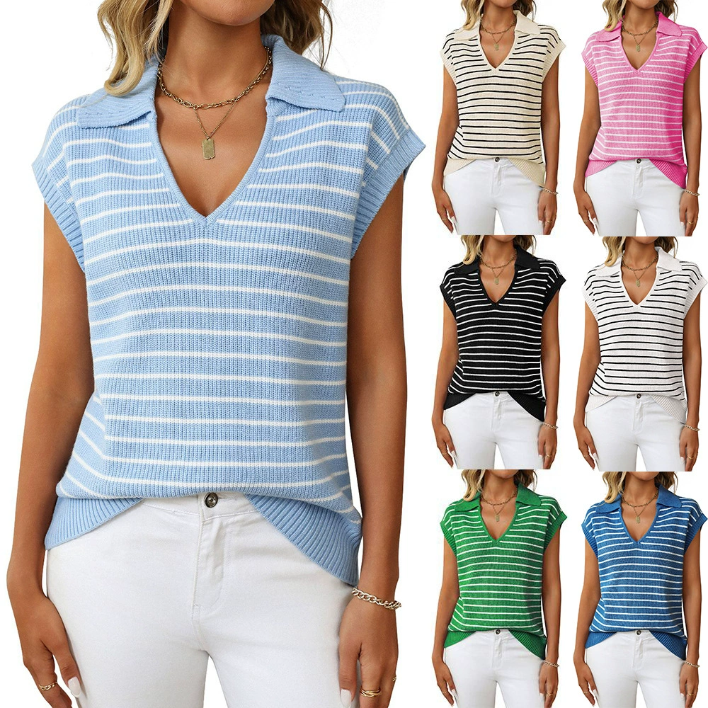 Трансграничная европейская и американская женская одежда Amazon 2025 лето новый трикотажный топ с V-образным вырезом повседневный полосатый свитер с отворотом