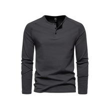 220克棉春季新款男士亨利领长袖T恤外贸亚马逊大码休闲纯色打底衫