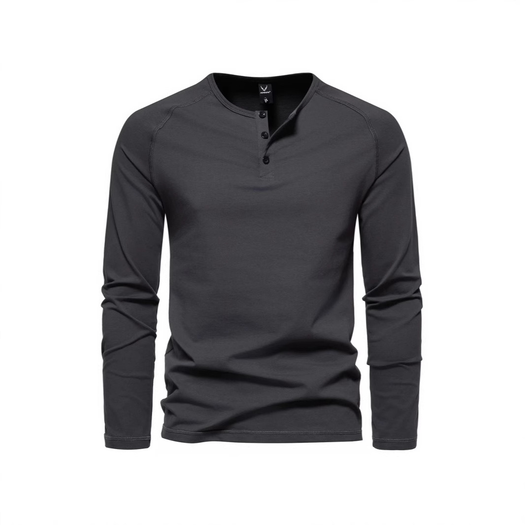 220克棉春季新款男士亨利领长袖T恤外贸亚马逊大码休闲纯色打底衫