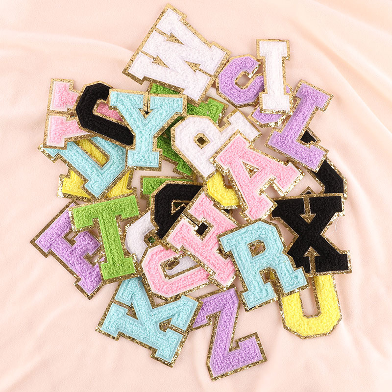 绣花标毛巾绣彩色英文字母补丁服装辅料金边贴布绣雪尼尔刺绣布贴