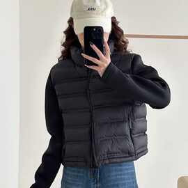 外贸纯色立领棉服短款拼接长袖轻薄填充女士秋冬保暖上衣现货