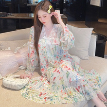 凌蕾春秋季碎花蕾丝蝴蝶结网纱宫廷公主风中长睡裙睡衣家居服女