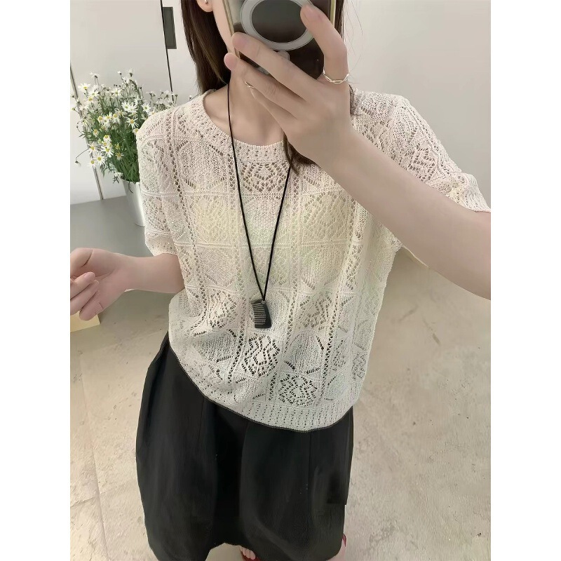 High-End Linen~Spring New European Style Casual Round Neck Short-Sleeved Crochet Hollow Thin Knit T-Shirt for Women