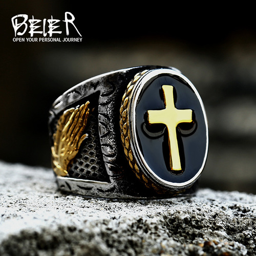 beier stainless steel casting praying hands gold ring new titanium steel cross glue ring wholesale
