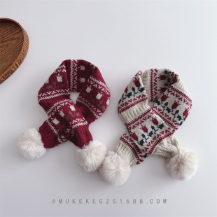 Ethnic Style Retro Children's Knitted Scarf Distinctive Double Ball Warm Cross Neck Set for Boys and Girls Wool Scarf