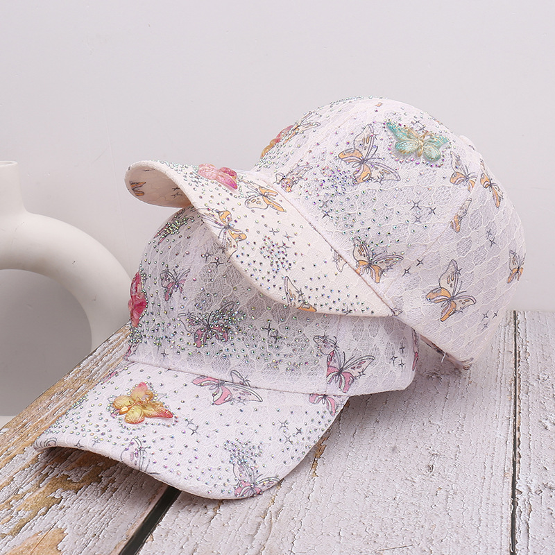 New Fashion Lace Mesh Baseball Cap With Rhinestone Butterfly Decoration, Breathable And Elegant For Outdoor Travel_voghion.com