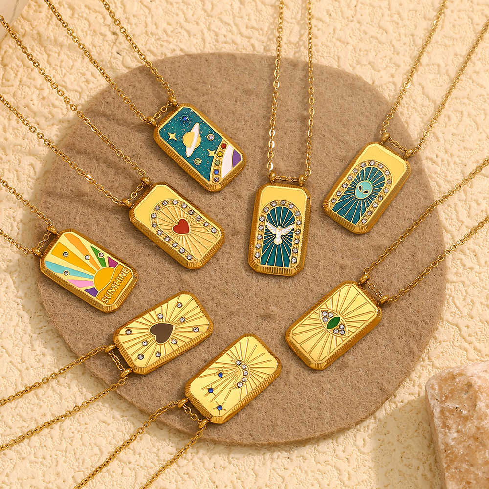 European and American Ins Fashion Niche Geometric Square Brand Vintage Necklace Pendant Stainless Steel Plated 18K Gold Oil Drop Tarot Necklace Women