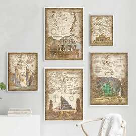 跨境热销夏尔之家地图乡土中土大陆托尔金地图艺术油画家居装饰画