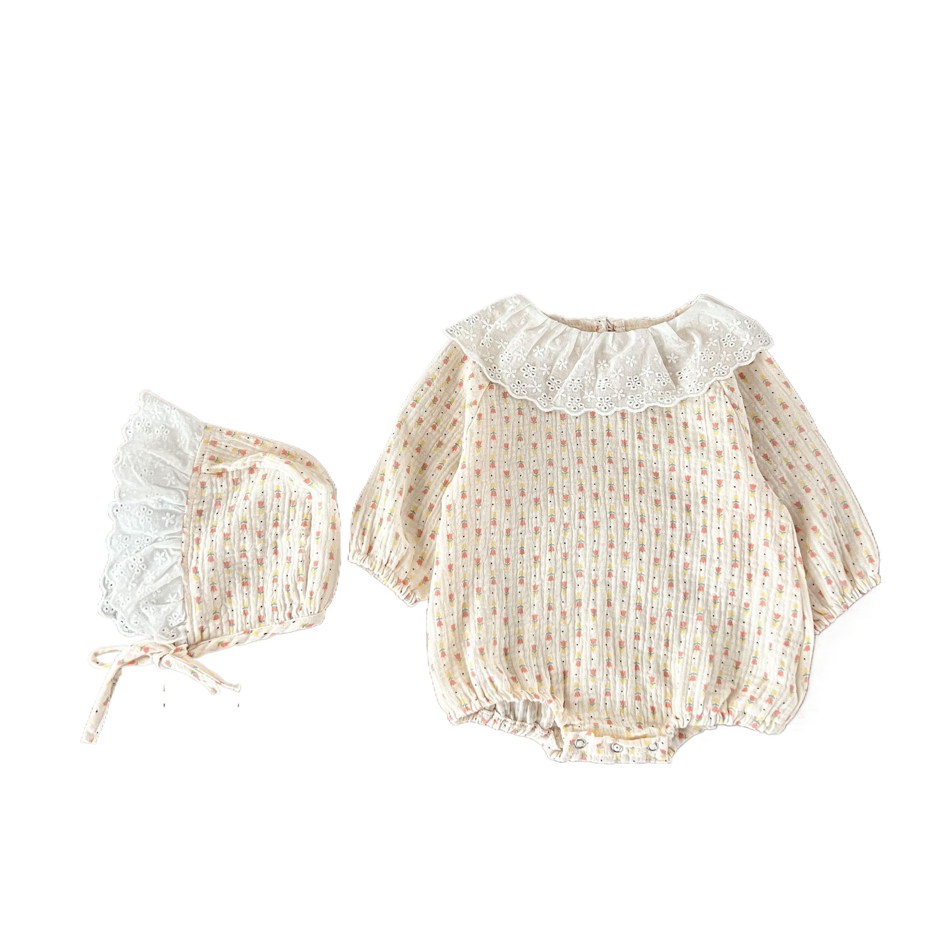 INS estilo coreano collar de encaje de bebé para niñas zanahoria impreso algodón suelto de doble capa mameluco de gasa para sombrero gratis moda