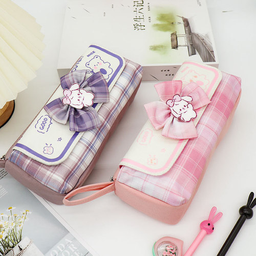 Pen bag large capacity canvas JK simple girl high-looking stationery bag middle school student multi-functional double layer pencil bag wholesale