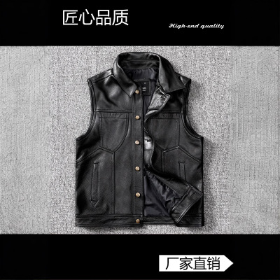 牛仔机车 真皮马甲 头层牛皮真皮皮衣男修身皮背心骑行服纯皮外套|ms