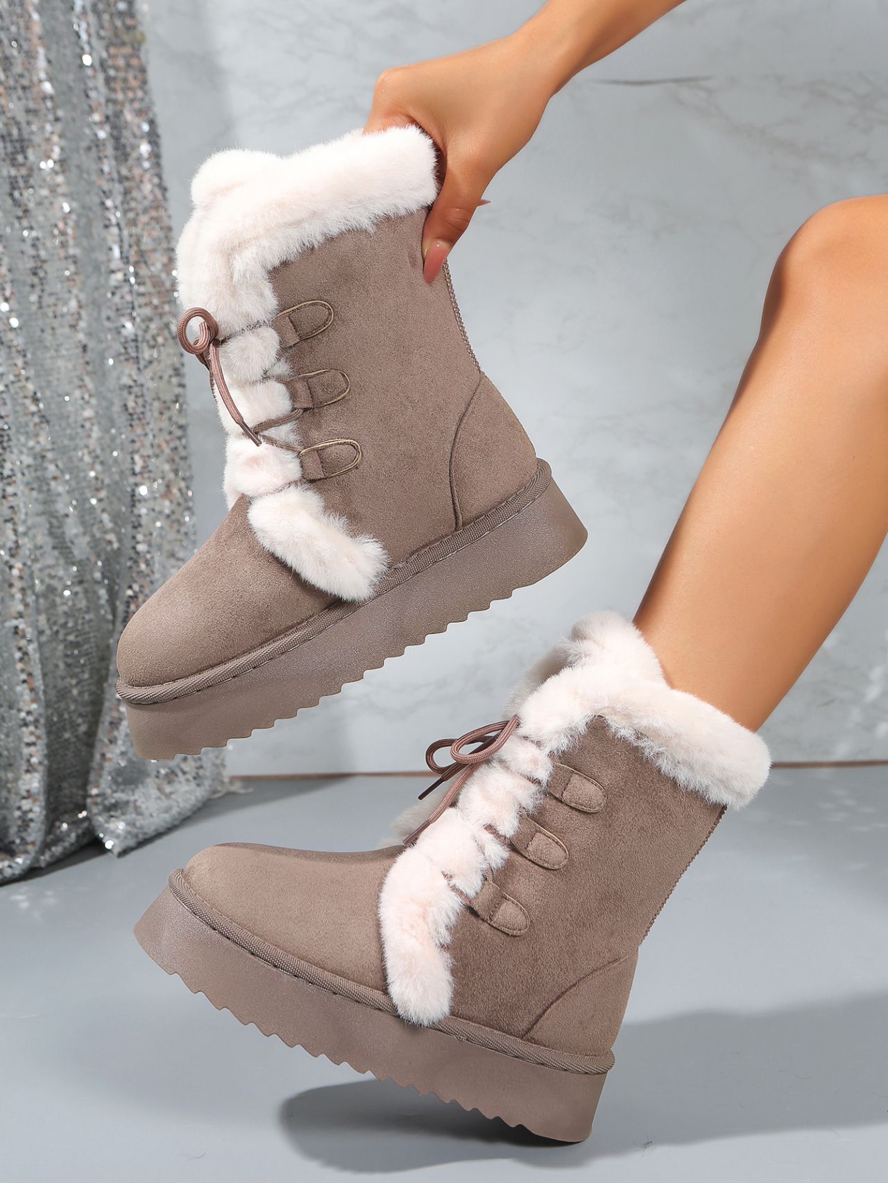 Damen Schneestiefel Mit Lammfellfutter Und Dicker Plateausohle_voghion.com