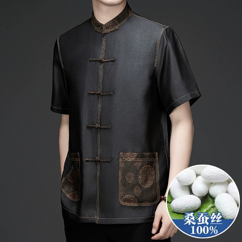 Silk set for elderly, shirt, Chinese style, for middle age, with short sleeve