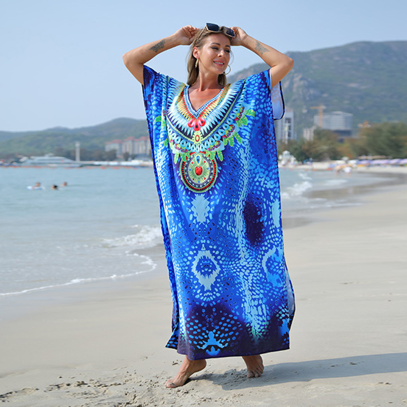 Europa y América poliéster leopardo posicionamiento impresión más tamaño playa vestido vacaciones traje bikini protección solar camisa 5D60