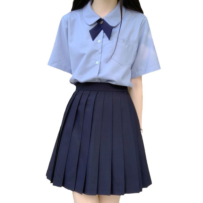 기본 JK 유니폼 단색 셔츠 세트 일본 학교 블루 컬러 주름 치마 여성 학생 여름 대학 스타일 치마