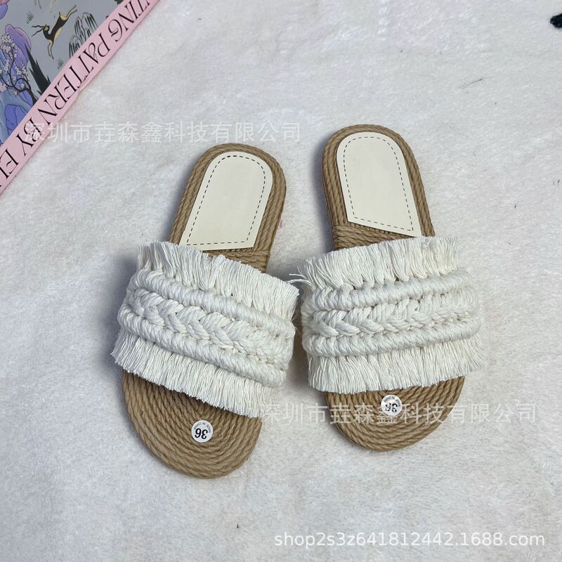 In stock supply imitation hemp rope flip flops ins style macrame slippers women's vacation home outing flat bottom all-match cool