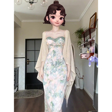 新中式碎花吊带连衣裙女夏季小个子感气质长裙子开衫两件套装