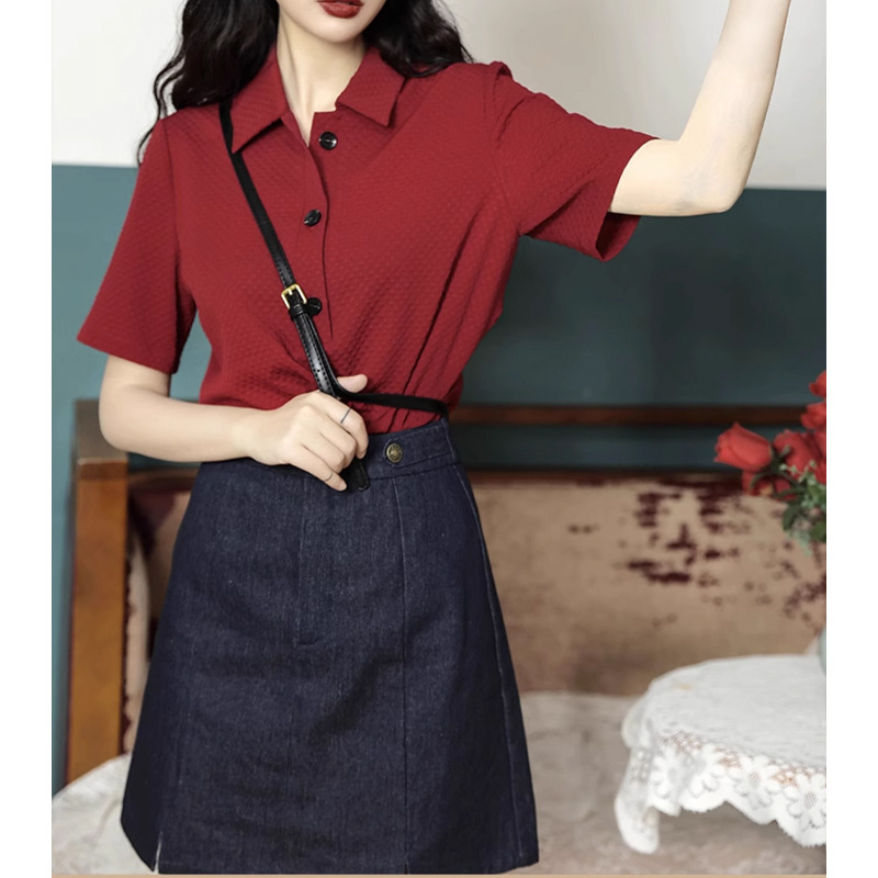 Áo thun nữ cổ POLO phong cách Hồng Kông, form rộng ống đứng, tay ngắn mùa hè — Đỏ anh đào chi tiết 5