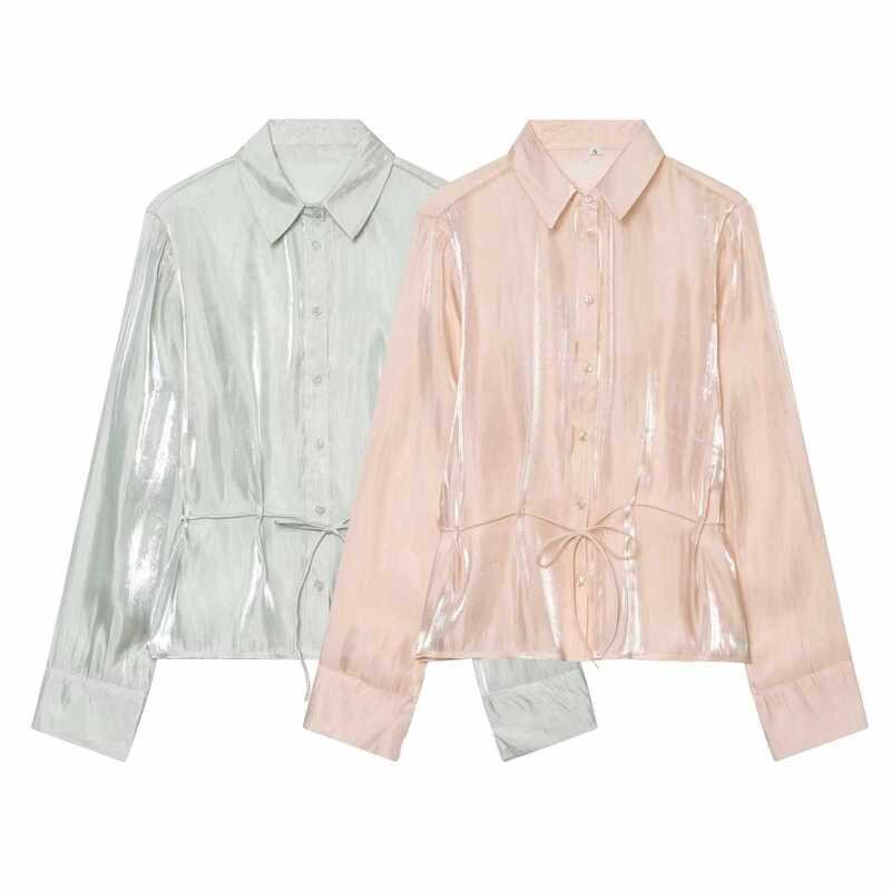Cross-Border European and American Women's Clothing, Aliexpress Hot-Selling Fashion Metallic Effect Shirt with Belt in Lotus Color and Silver Gray Cross-Border European and American Women's Clothing, Aliexpress Hot-Selling Fashion Metallic Effect Shirt with Belt in Lotus Color and Silver Gray