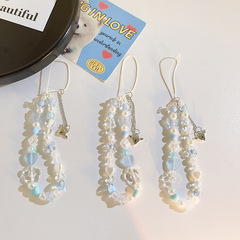 Fresh and Clean Ins Blue Heart Crystal Butterfly Knot Bead Chain Phone String Bag Charm Bag Decor CCD Camera Women