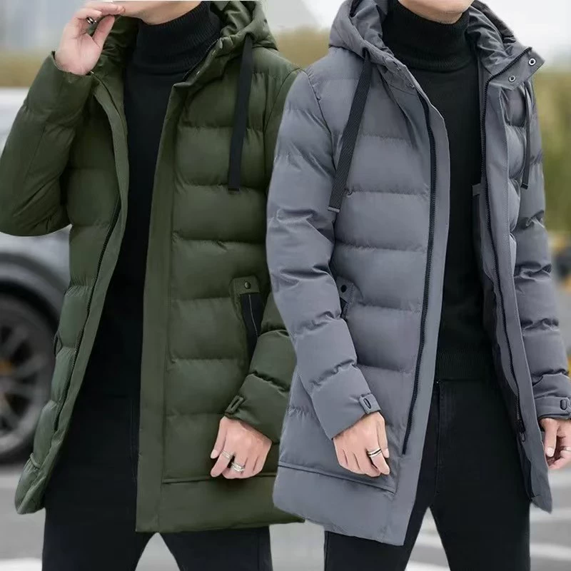 Long winter men's down jacket with hood, mid-length