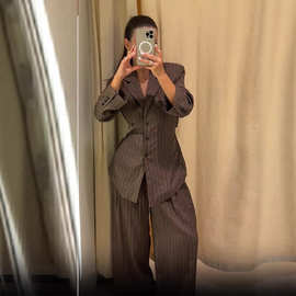 2025年秋冬女装新品通勤百搭系带收腰条纹西服长袖外套长裤套装女