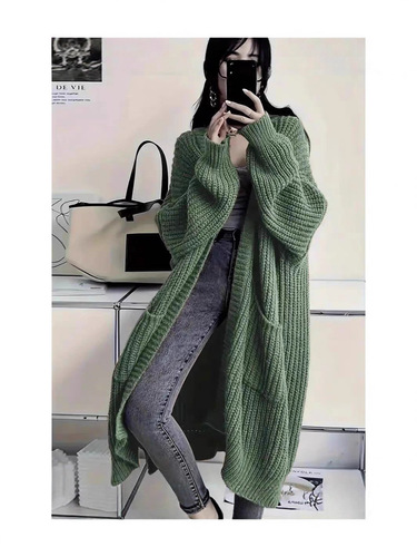 Sweater coat for women 2026 autumn and winter lazy trend medium and long over-the-knee loose all-matching base long-sleeved knitted cardigan