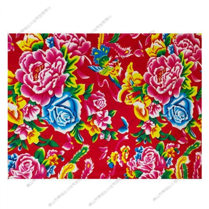 印花面料东北大花布酒店料涤纶戏化纤凤凰牡丹印花布复古蓝农家乐