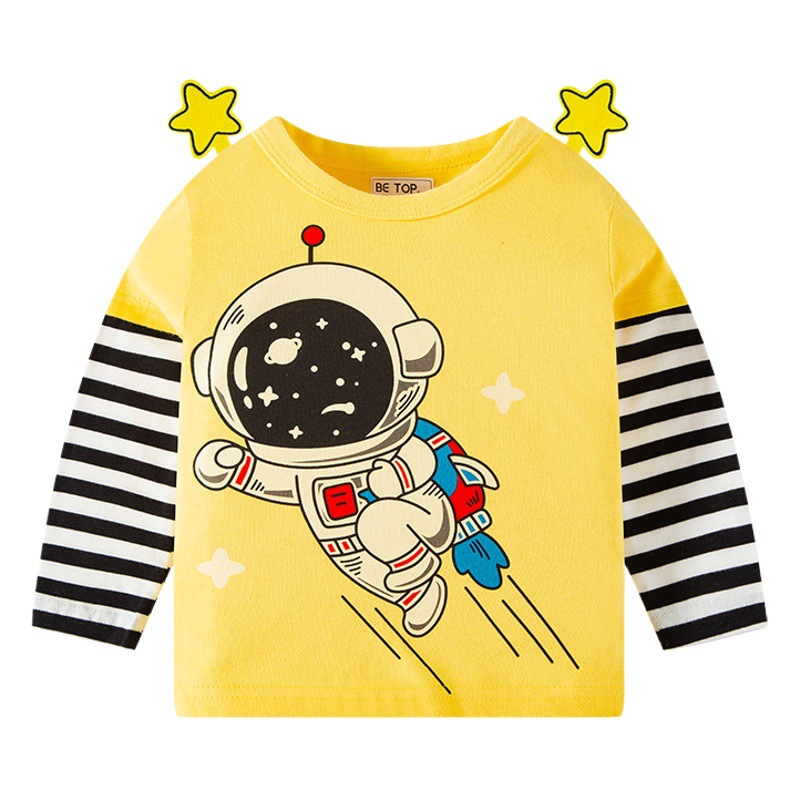 Camisa de fondo para niños Primavera y otoño Nueva caricatura de astronauta Camiseta de manga larga para niños impresa tridimensional camisa de niño moda