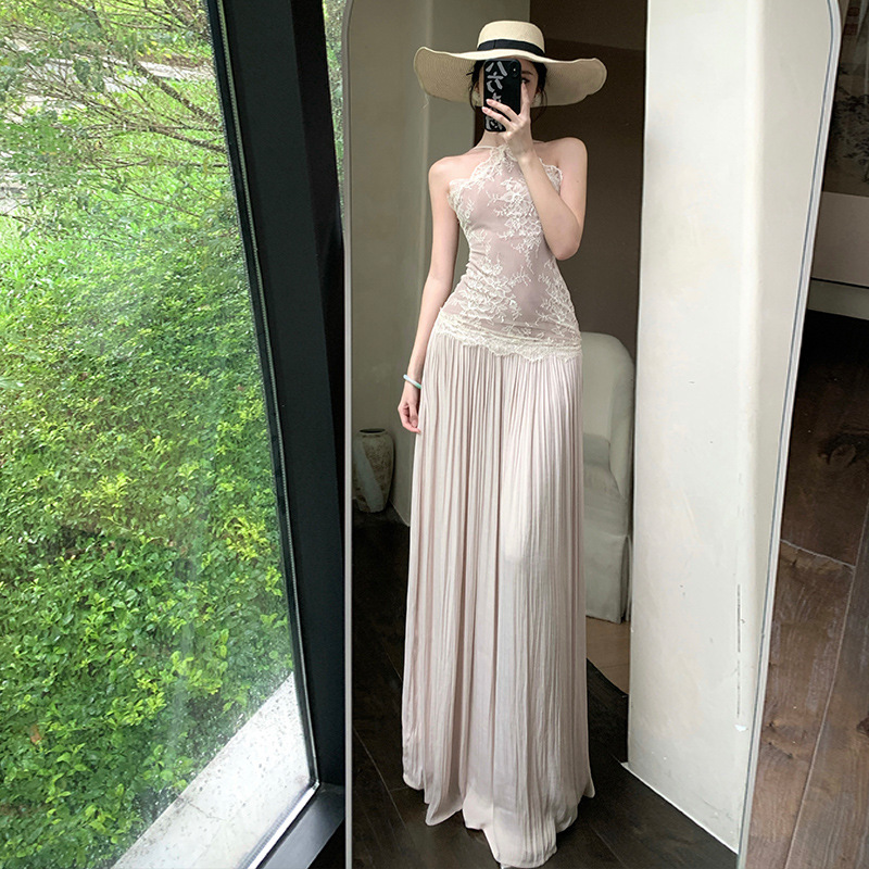 French White Lace Halterneck Dress for Women Summer Vacation Pure Lusty Sexy Backless Long Skirt