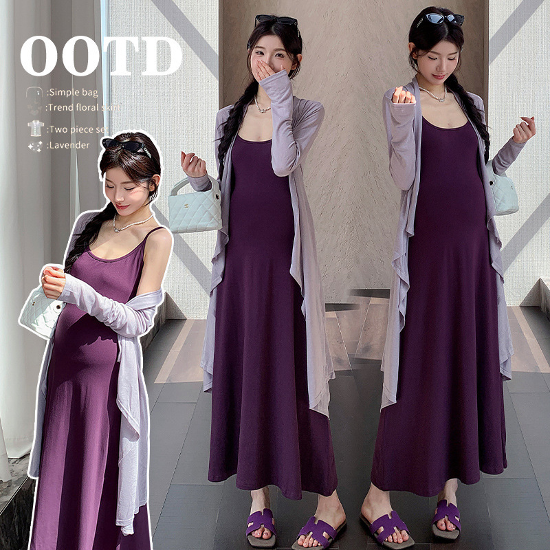 Maternity dress for summer, French-style outfit for pregnancy, knitted cardigan, high-end stylish long dress with straps for hot moms in summer Maternity dress for summer, French-style outfit for pregnancy, knitted cardigan, high-end stylish long dress with straps for hot moms in summer