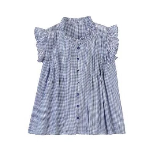 French-inspired, sweetly chic petite fly-sleeve blue plaid shirt for women—summer, retro, and uniquely designed with delicate ruffled edges and a sleeveless top.