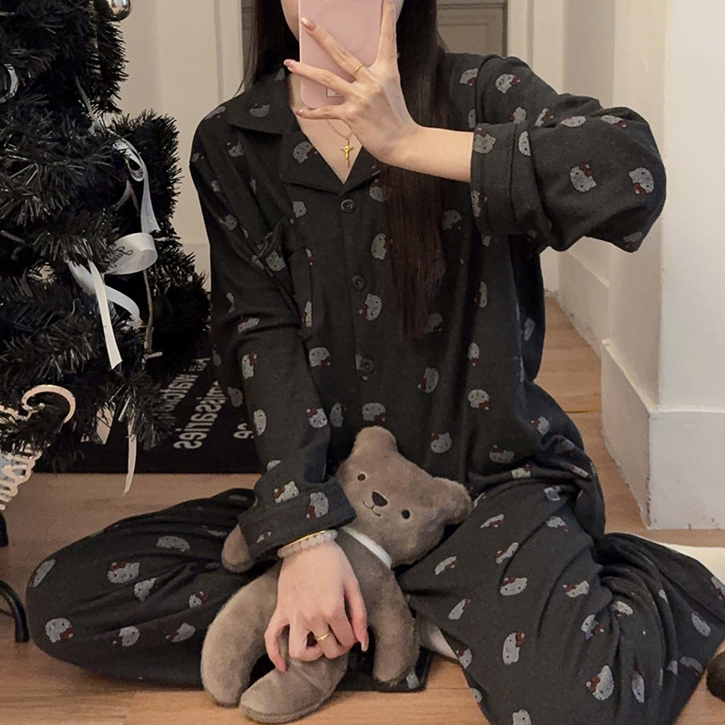 Japanese-Style Ins Thermal Pajamas for Women, Autumn and Winter Long-Sleeve Cardigan, Cute Cartoon Thick Loose Loungewear Two-Piece Set