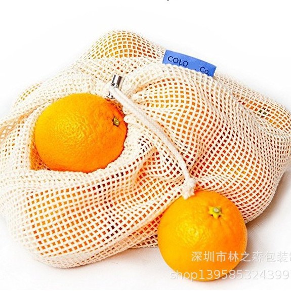 Bolsa de malla de algodón orgánico con cordón bolsa de verduras y frutas bolsa de malla de algodón se puede reciclar Amazon Venta caliente